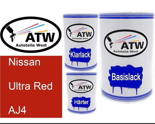 Nissan, Ultra Red, AJ4: 500ml Lackdose + 500ml Klarlack + 250ml Härter - Set, von ATW Autoteile West.